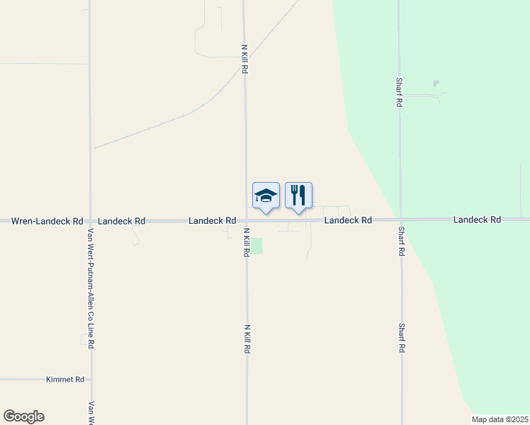 map of restaurants, bars, coffee shops, grocery stores, and more near 14750 Landeck Road in Delphos