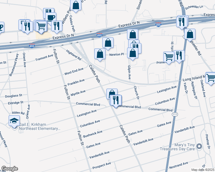 map of restaurants, bars, coffee shops, grocery stores, and more near 24 Myrtle Avenue in Central Islip