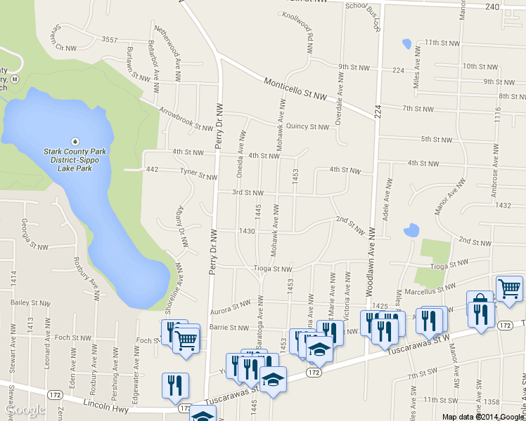 map of restaurants, bars, coffee shops, grocery stores, and more near 234 Saratoga Ave NW in Canton