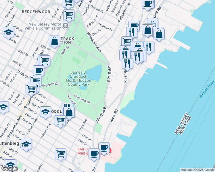 map of restaurants, bars, coffee shops, grocery stores, and more near 8600 J F Kennedy Boulevard East in North Bergen
