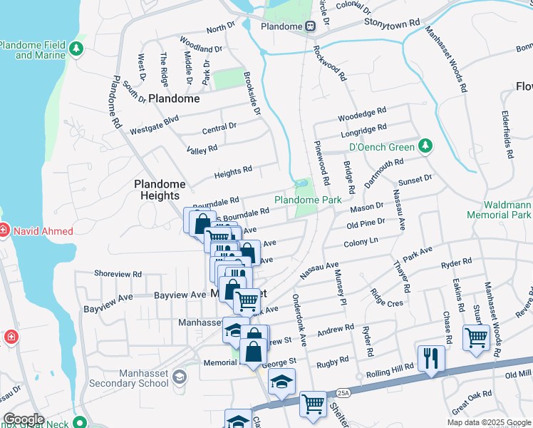 map of restaurants, bars, coffee shops, grocery stores, and more near 90 South Bourndale Road in Manhasset
