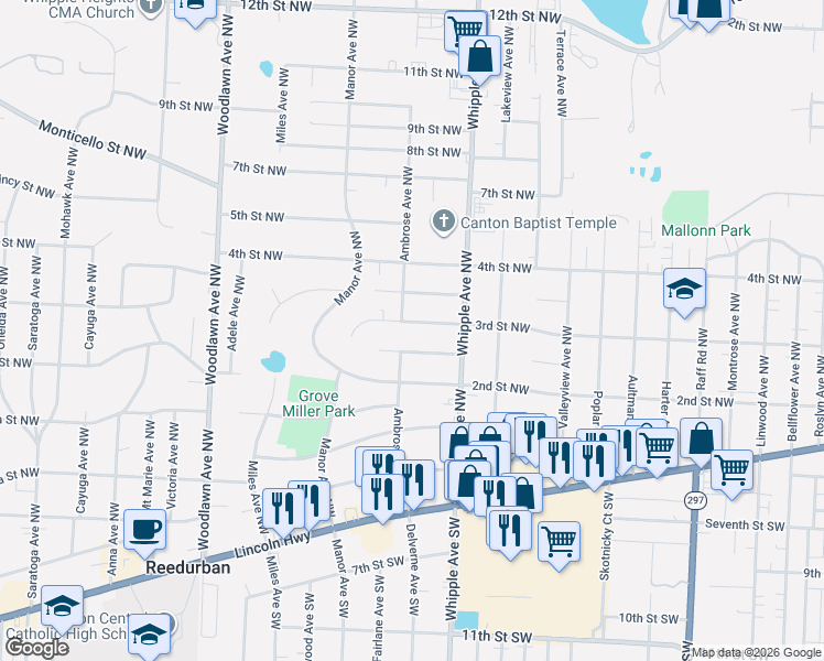 map of restaurants, bars, coffee shops, grocery stores, and more near 4434 3rd Street Northwest in Canton