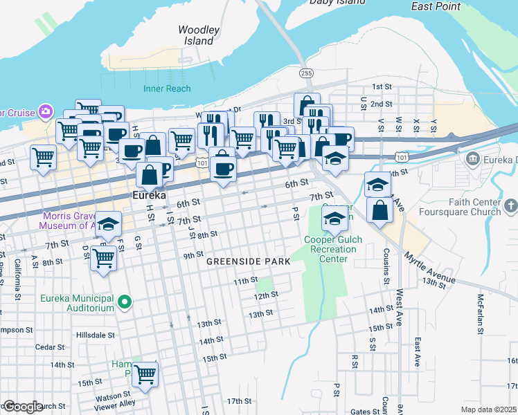 map of restaurants, bars, coffee shops, grocery stores, and more near 7th St & N St in Eureka