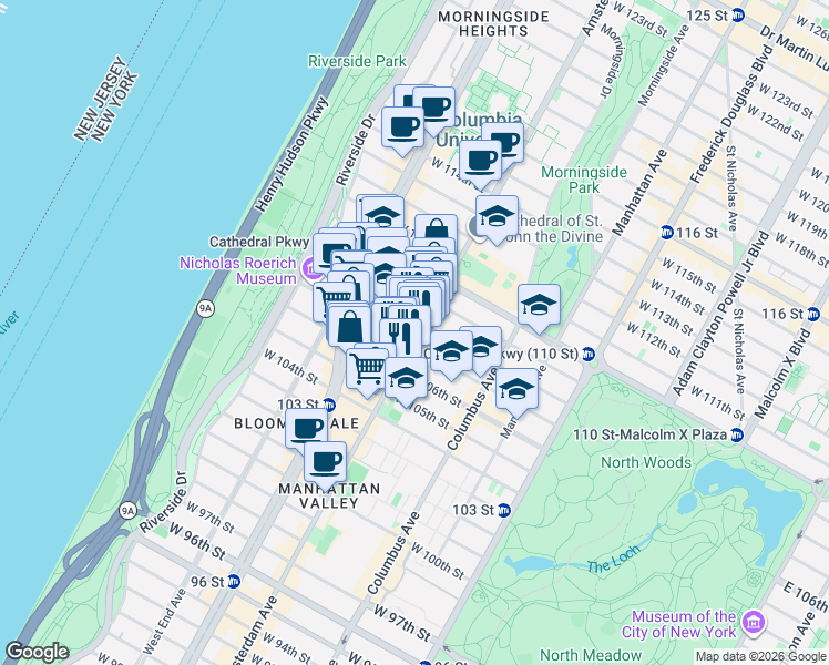map of restaurants, bars, coffee shops, grocery stores, and more near 968 Amsterdam Avenue in New York