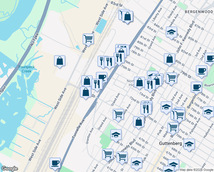 map of restaurants, bars, coffee shops, grocery stores, and more near 1704 71st Street in North Bergen