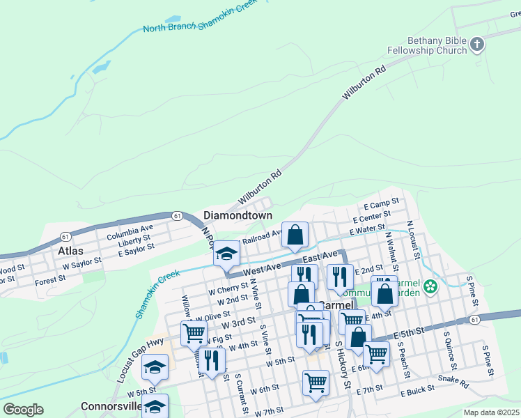 map of restaurants, bars, coffee shops, grocery stores, and more near 405 North Maple Street in Mount Carmel