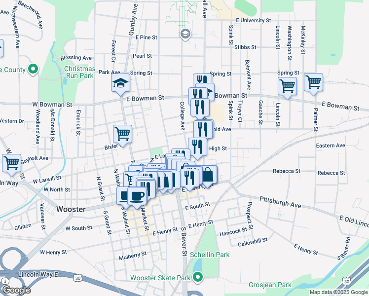 map of restaurants, bars, coffee shops, grocery stores, and more near 348 East Larwill Street in Wooster