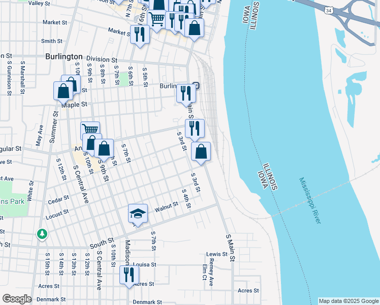 map of restaurants, bars, coffee shops, grocery stores, and more near 716 South 3rd Street in Burlington
