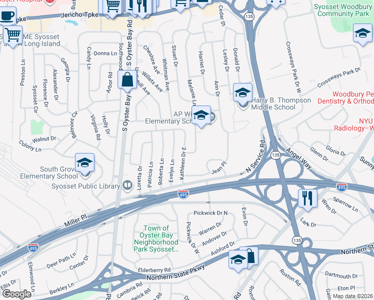 map of restaurants, bars, coffee shops, grocery stores, and more near 36 Kathleen Drive East in Syosset