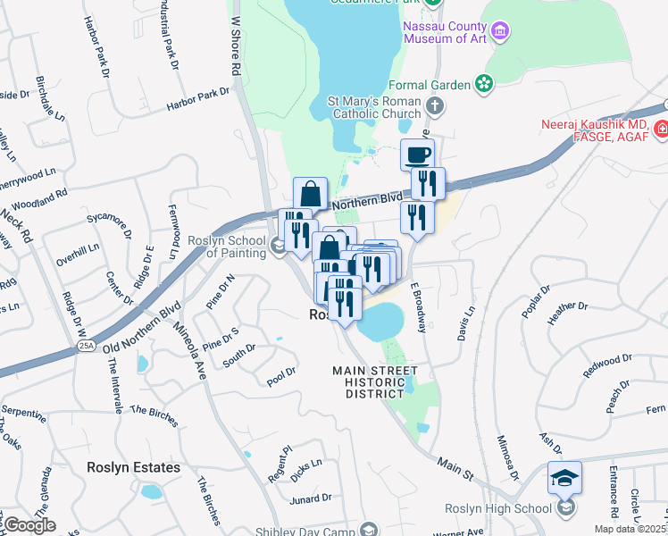 map of restaurants, bars, coffee shops, grocery stores, and more near 24 Lumber Road in Roslyn