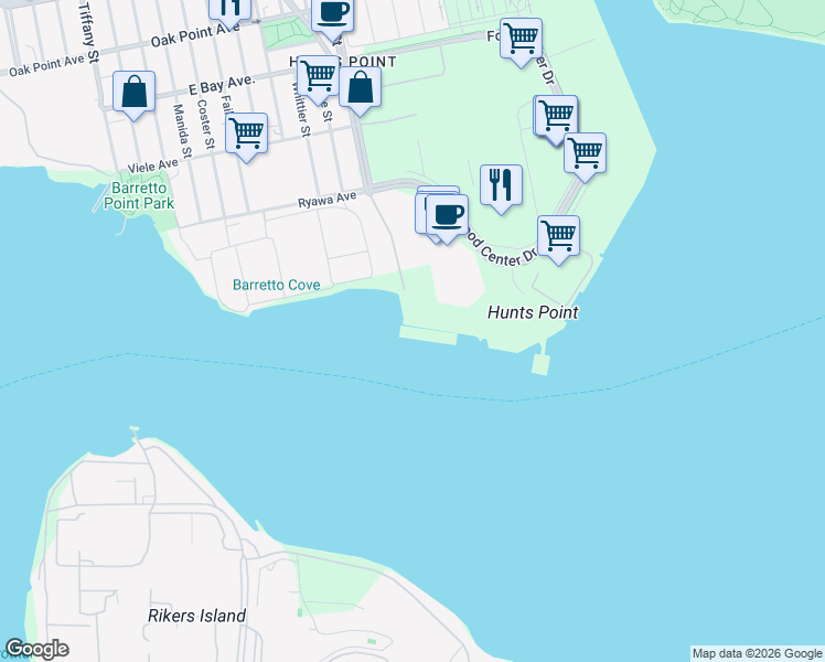 map of restaurants, bars, coffee shops, grocery stores, and more near 1 Halleck Street in Bronx