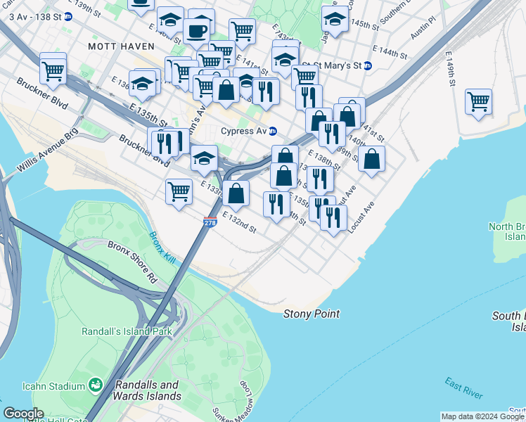 map of restaurants, bars, coffee shops, grocery stores, and more near 759 East 133rd Street in The Bronx