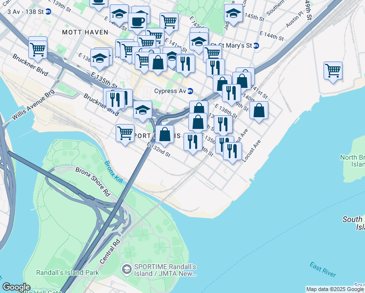 map of restaurants, bars, coffee shops, grocery stores, and more near 759 East 133rd Street in The Bronx