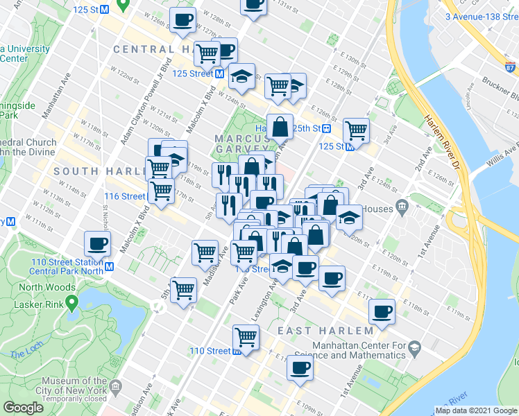 map of restaurants, bars, coffee shops, grocery stores, and more near 76 East 119th Street in New York
