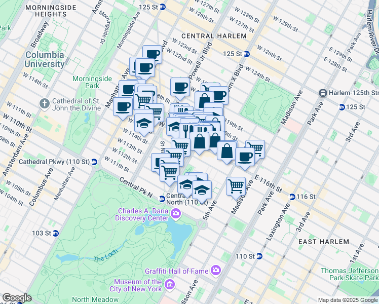 map of restaurants, bars, coffee shops, grocery stores, and more near 100 Lenox Avenue in New York