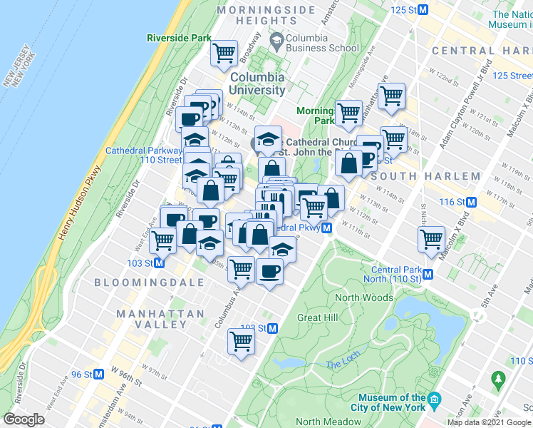 map of restaurants, bars, coffee shops, grocery stores, and more near 107 West 109th Street in New York