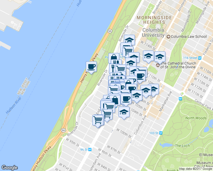 map of restaurants, bars, coffee shops, grocery stores, and more near 307 West 105th Street in New York