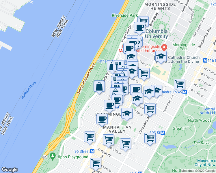 map of restaurants, bars, coffee shops, grocery stores, and more near 307 West 105th Street in New York
