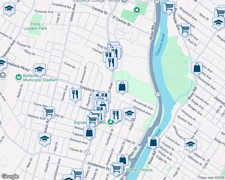 map of restaurants, bars, coffee shops, grocery stores, and more near 610 Washington Avenue in Belleville