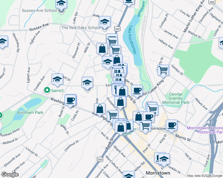 map of restaurants, bars, coffee shops, grocery stores, and more near 4 Early Street in Morristown