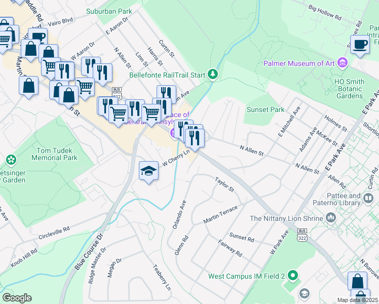 map of restaurants, bars, coffee shops, grocery stores, and more near 611 West Cherry Lane in State College