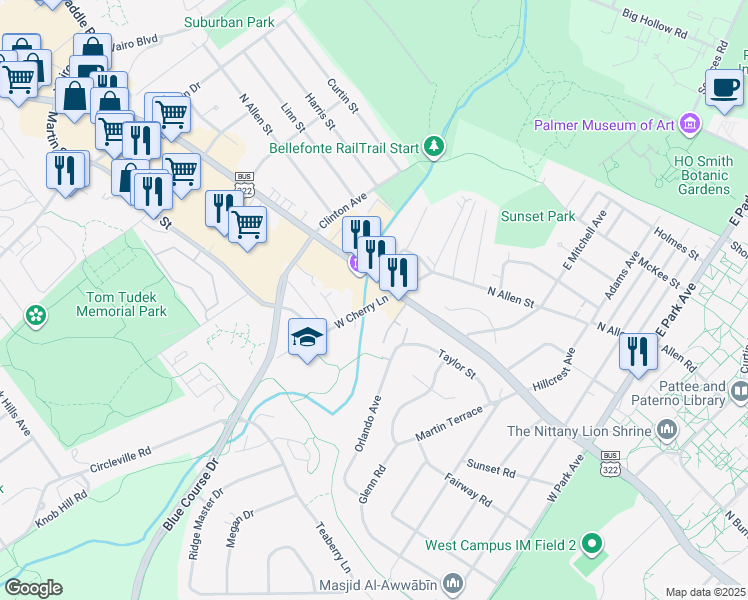 map of restaurants, bars, coffee shops, grocery stores, and more near 611 West Cherry Lane in State College