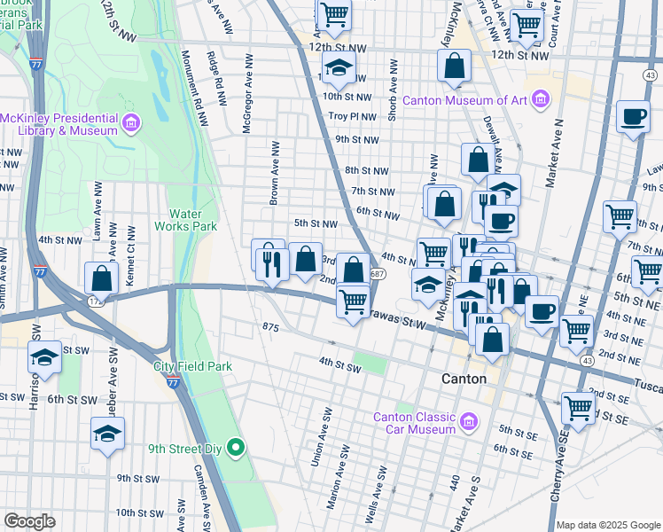 map of restaurants, bars, coffee shops, grocery stores, and more near 1035 2nd Street Northwest in Canton