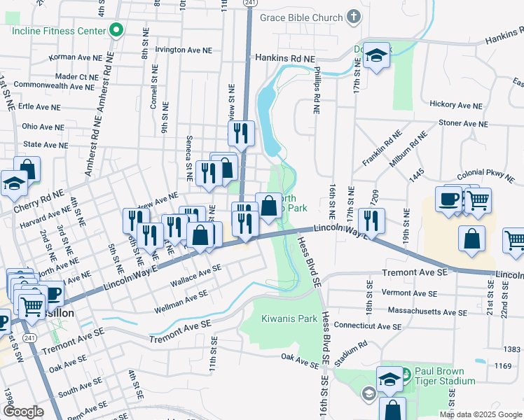 map of restaurants, bars, coffee shops, grocery stores, and more near 1236 North Avenue Northeast in Massillon