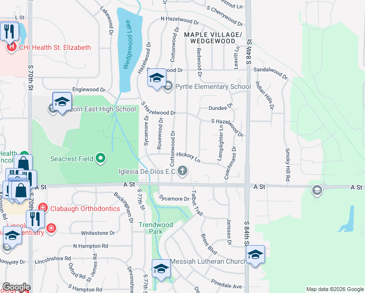 map of restaurants, bars, coffee shops, grocery stores, and more near 1121 Driftwood Drive in Lincoln