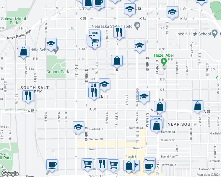 map of restaurants, bars, coffee shops, grocery stores, and more near 1220 C Street in Lincoln