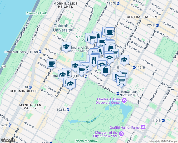 map of restaurants, bars, coffee shops, grocery stores, and more near 2051 Frederick Douglass Boulevard in New York