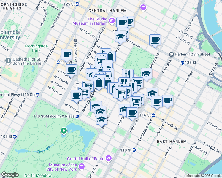 map of restaurants, bars, coffee shops, grocery stores, and more near 22 West 117th Street in New York