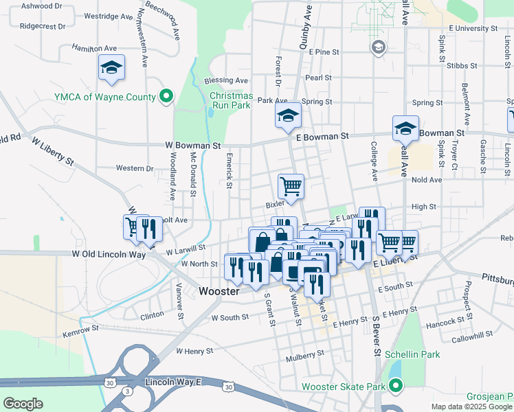 map of restaurants, bars, coffee shops, grocery stores, and more near 401 North Grant Street in Wooster