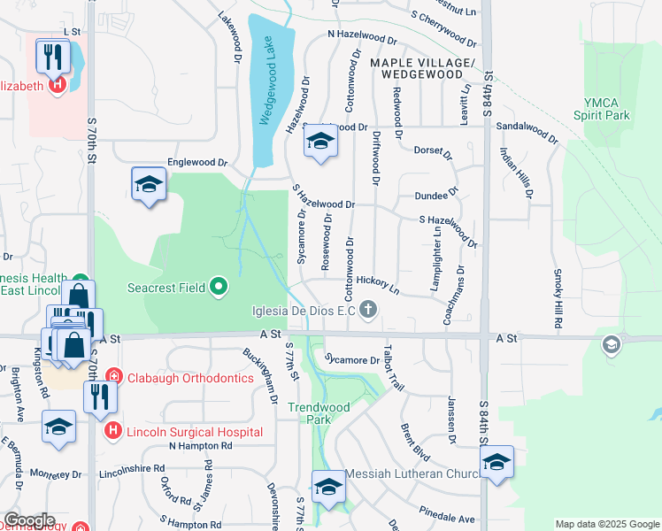 map of restaurants, bars, coffee shops, grocery stores, and more near 1120 Rosewood Drive in Lincoln