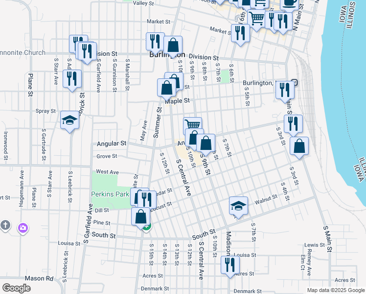 map of restaurants, bars, coffee shops, grocery stores, and more near 605 South 10th Street in Burlington