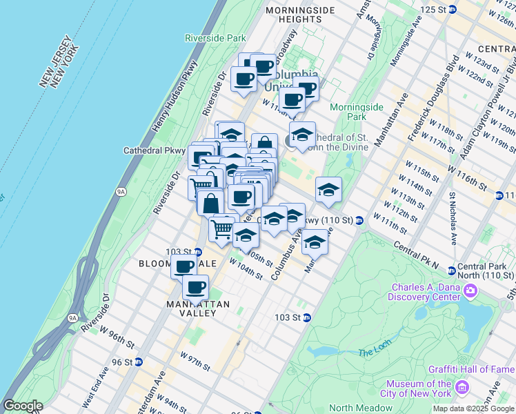 map of restaurants, bars, coffee shops, grocery stores, and more near 972c Amsterdam Avenue in New York