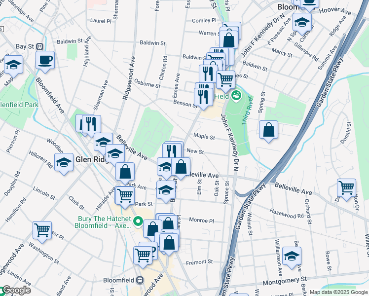 map of restaurants, bars, coffee shops, grocery stores, and more near 219 Broad Street in Bloomfield