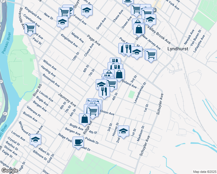 map of restaurants, bars, coffee shops, grocery stores, and more near 643 Ridge Road in Lyndhurst