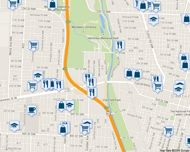 map of restaurants, bars, coffee shops, grocery stores, and more near 210 Kennet Court Northwest in Canton