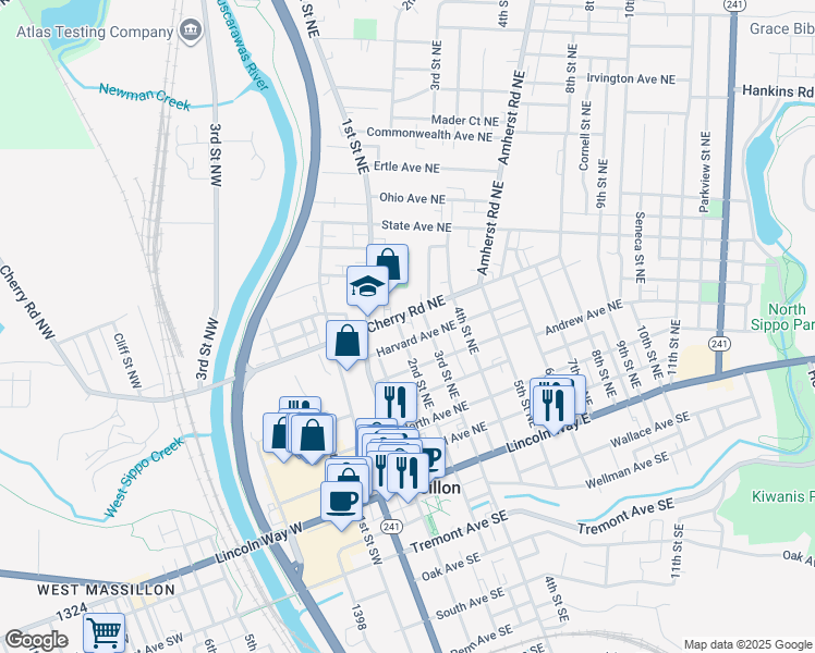map of restaurants, bars, coffee shops, grocery stores, and more near 516 2nd Street Northeast in Massillon
