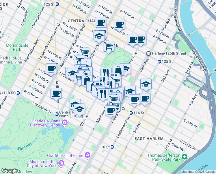 map of restaurants, bars, coffee shops, grocery stores, and more near 4 East 118th Street in New York