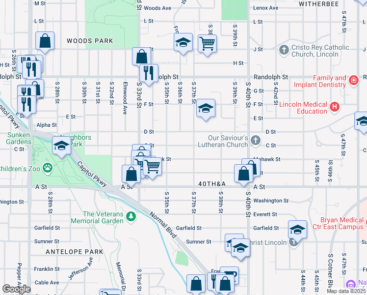 map of restaurants, bars, coffee shops, grocery stores, and more near 3611 C Street in Lincoln