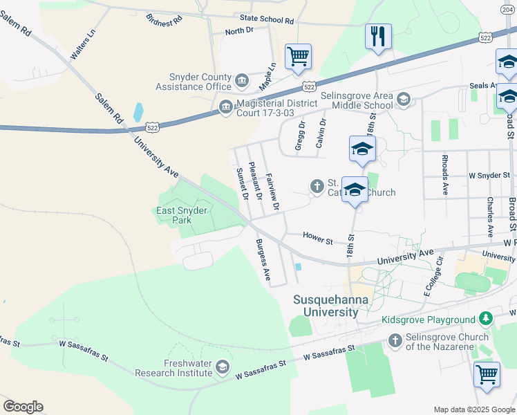 map of restaurants, bars, coffee shops, grocery stores, and more near 205 Pleasant Drive in Selinsgrove