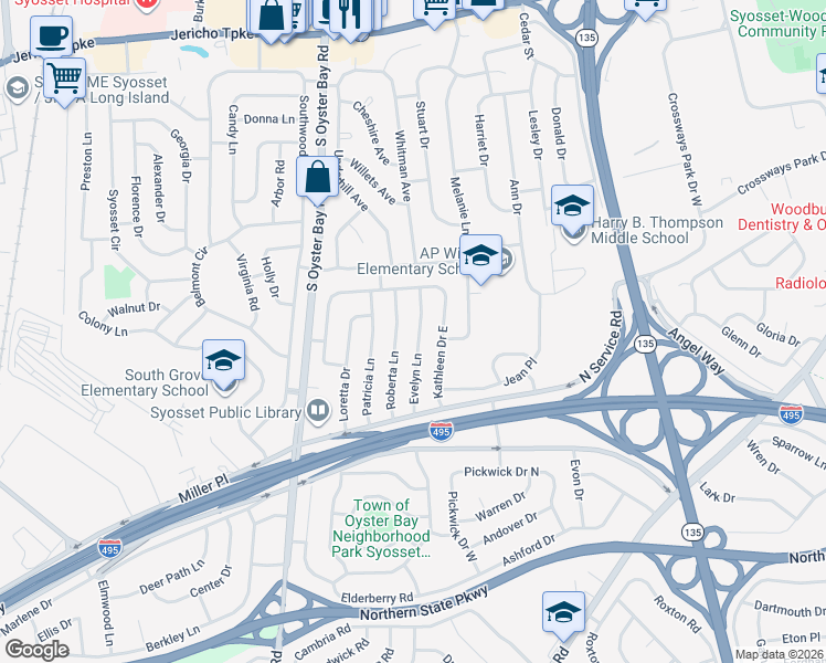 map of restaurants, bars, coffee shops, grocery stores, and more near 31 Evelyn Lane in Syosset