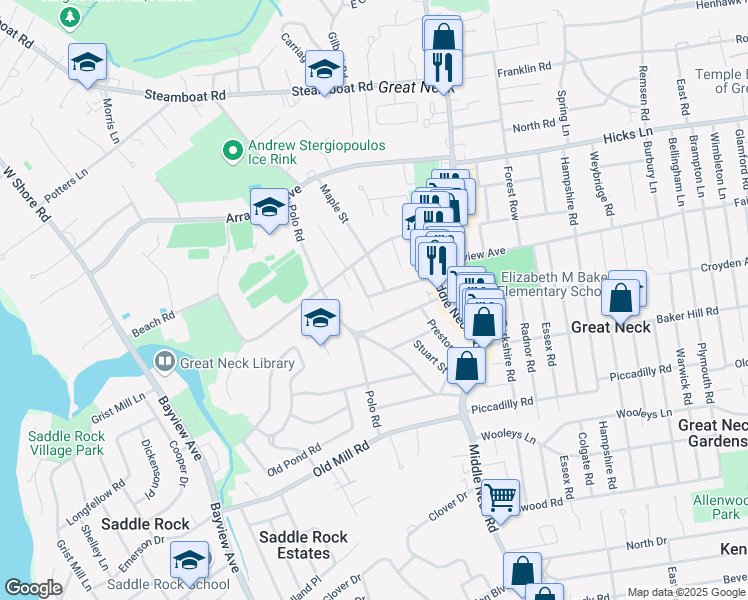 map of restaurants, bars, coffee shops, grocery stores, and more near 17 Crampton Avenue in Great Neck