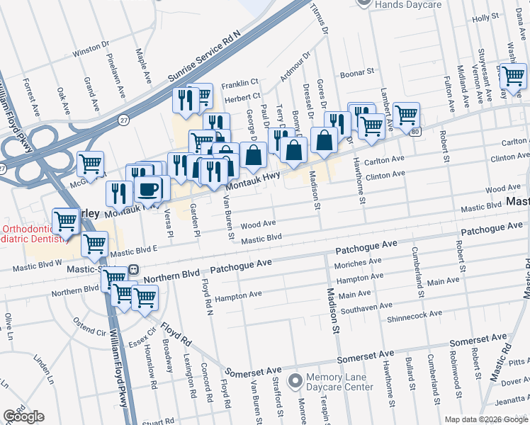 map of restaurants, bars, coffee shops, grocery stores, and more near 42 Bedford Avenue in Mastic