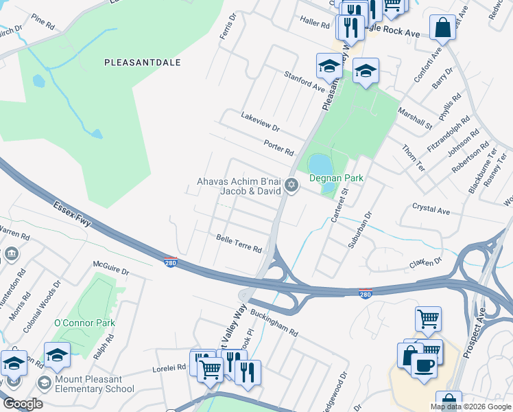 map of restaurants, bars, coffee shops, grocery stores, and more near 12 Hoover Avenue in West Orange