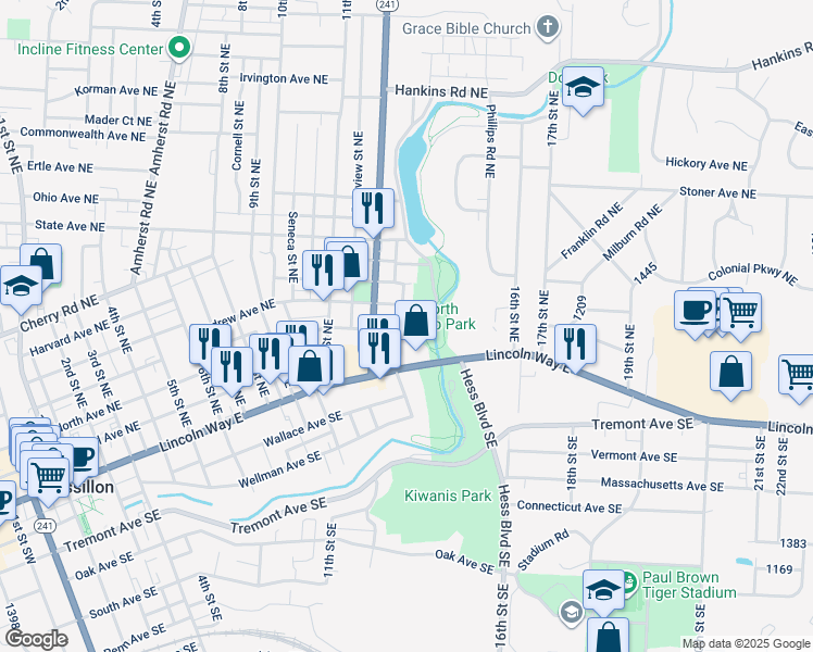 map of restaurants, bars, coffee shops, grocery stores, and more near 1236 North Avenue Northeast in Massillon