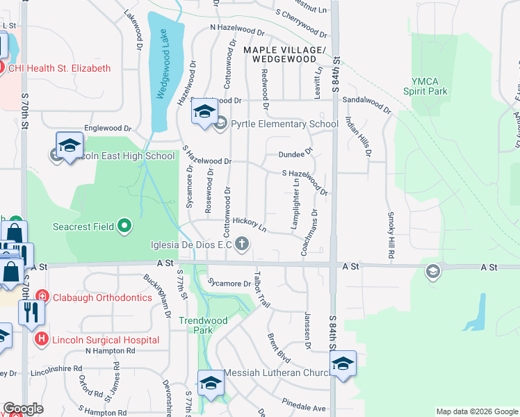 map of restaurants, bars, coffee shops, grocery stores, and more near 1111 Cobblestone Drive in Lincoln