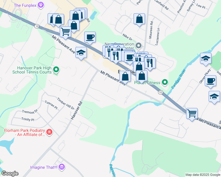 map of restaurants, bars, coffee shops, grocery stores, and more near 145 Mount Pleasant Avenue in East Hanover